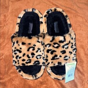 CROCS Fuzzy Leopard Print Slippers